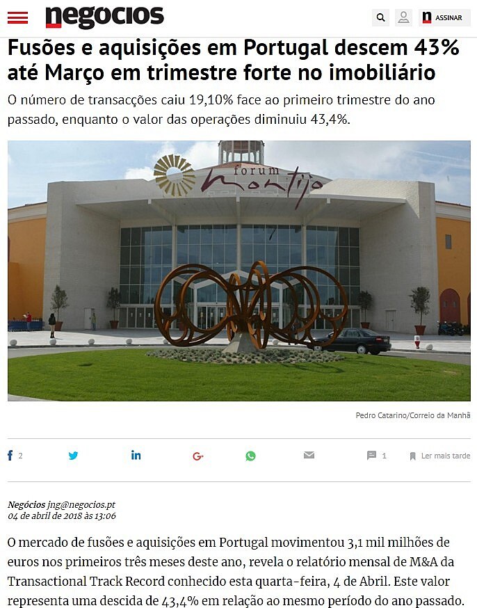Fuses e aquisies em Portugal descem 43% at Maro em trimestre forte no imobilirio
